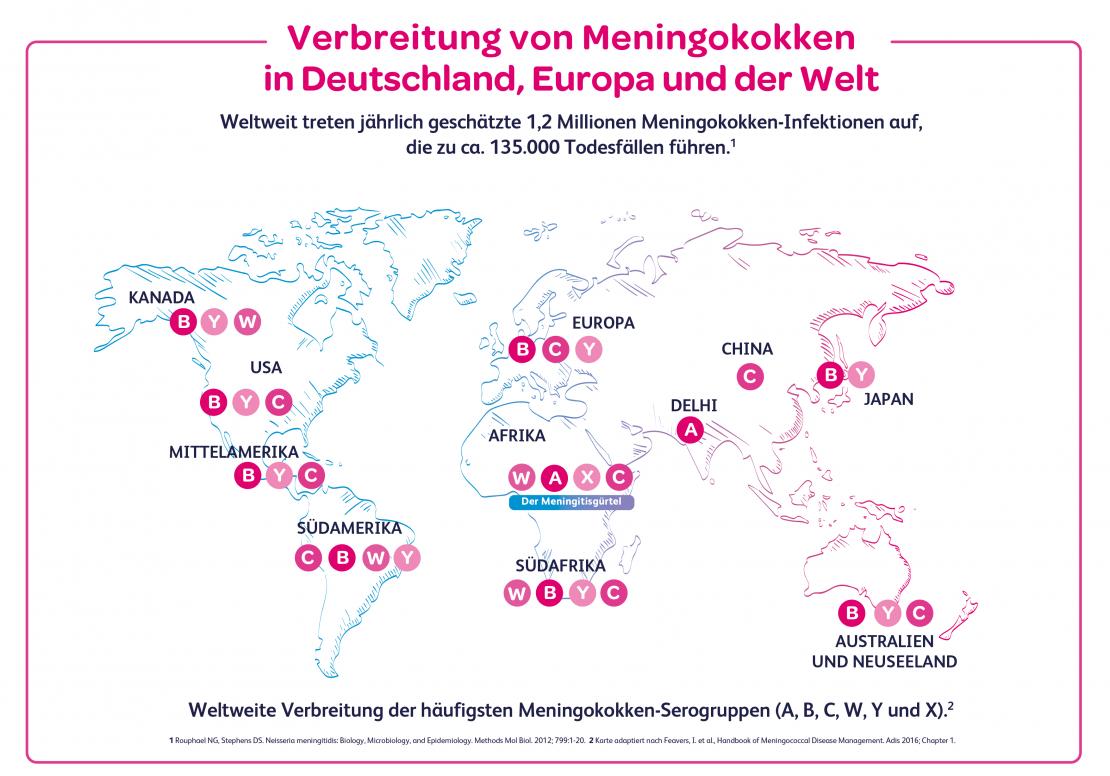 Infografik: Weltkarte mit Verbreitung der häufigsten Meningokokken-Serogruppen 